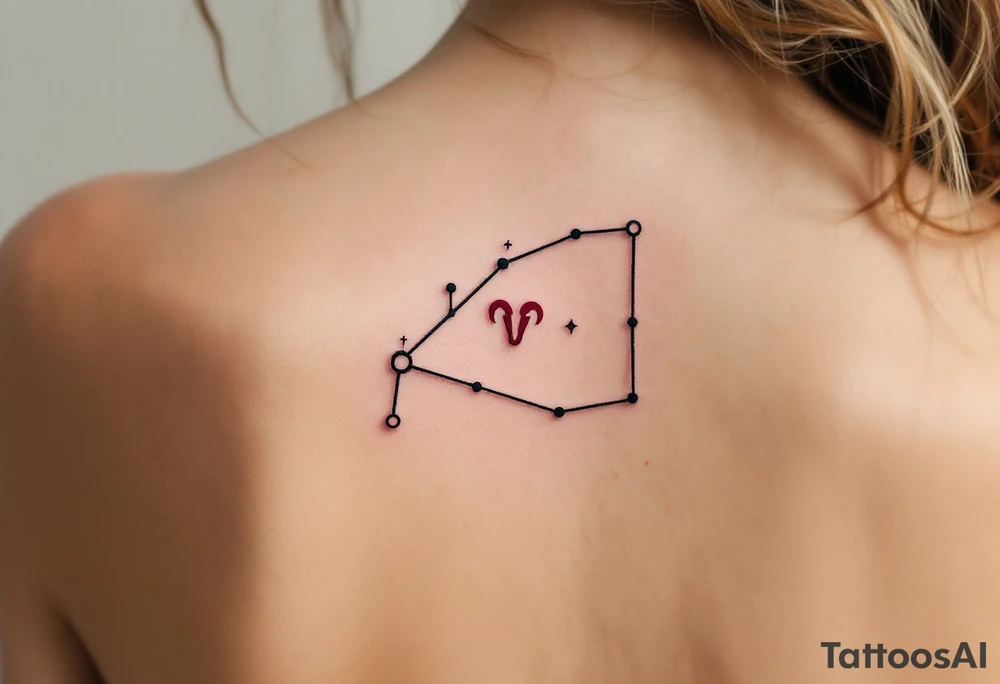 This minimalist Aries tattoo in black ink outlines the constellation with a tiny red ram symbol at its core. tattoo idea