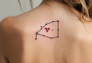 This minimalist Aries tattoo in black ink outlines the constellation with a tiny red ram symbol at its core. tattoo idea