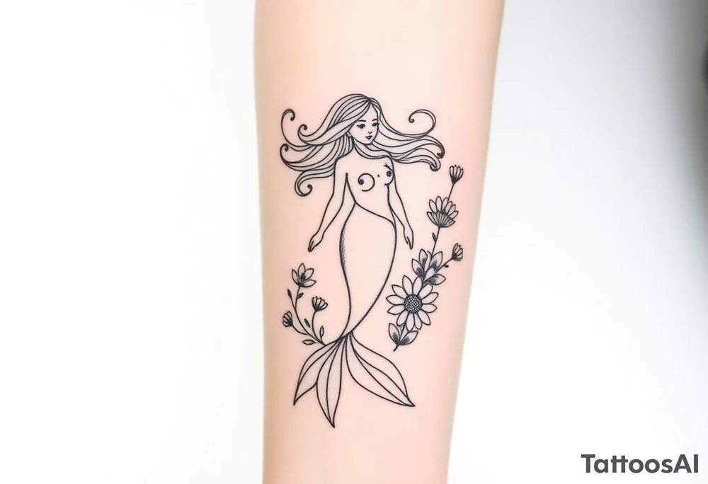 ethereal mermaid with flowing hair among coral and sea flowers tattoo idea
