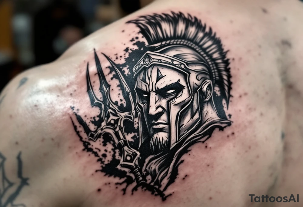 realistic spartan with trident tattoo idea