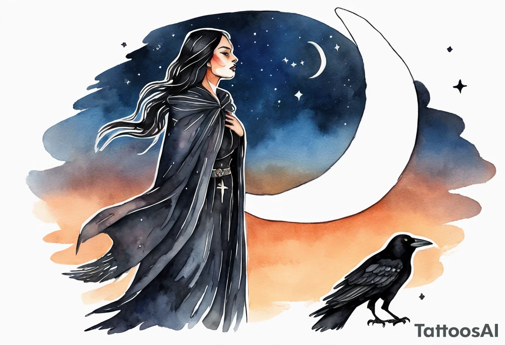 Watercolor of a Dakota woman with a black cloak, standing before the night sky with a crescent moon, a raven on her shoulder tattoo idea