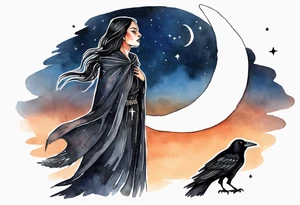 Watercolor of a Dakota woman with a black cloak, standing before the night sky with a crescent moon, a raven on her shoulder tattoo idea