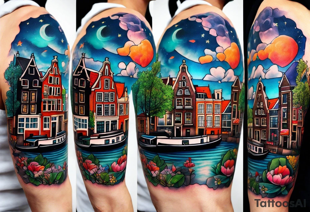 arm tattoo of stags and birds in Amsterdam canal featuring Amsterdam houses in space tattoo idea