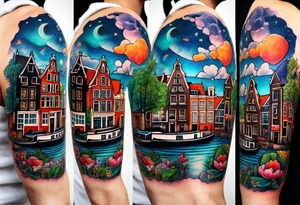 arm tattoo of stags and birds in Amsterdam canal featuring Amsterdam houses in space tattoo idea