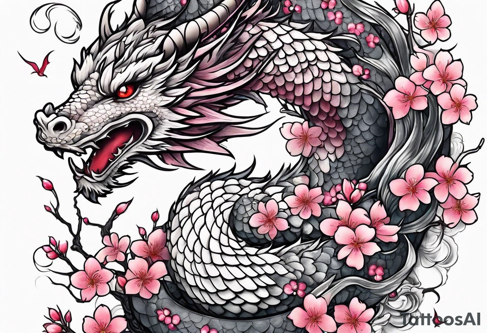 A dragon covered in cherry blossoms tattoo idea