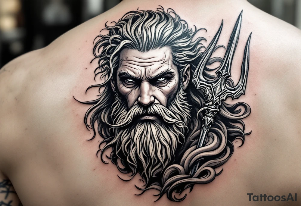 Poseidon god of the sea with trident tattoo idea