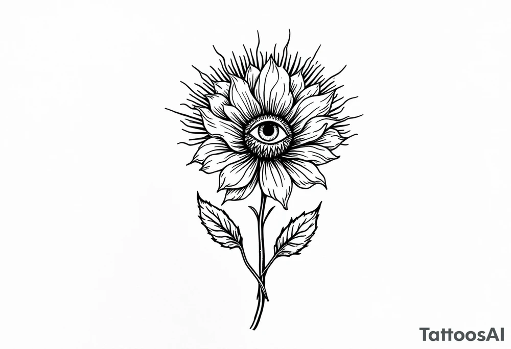 A long flower with stalk and leaves and with the centre being an eye and around the petals having black sunrays tattoo idea