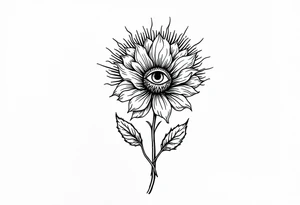 A long flower with stalk and leaves and with the centre being an eye and around the petals having black sunrays tattoo idea