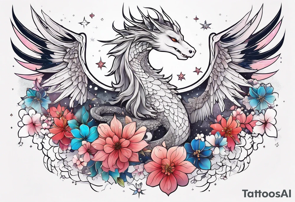 Constellation, wing , snow , cross , dragon female japan kawaii , flower tattoo idea