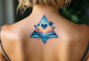 A triangle with a big heart in the center with an ocean palm tree theme tattoo idea