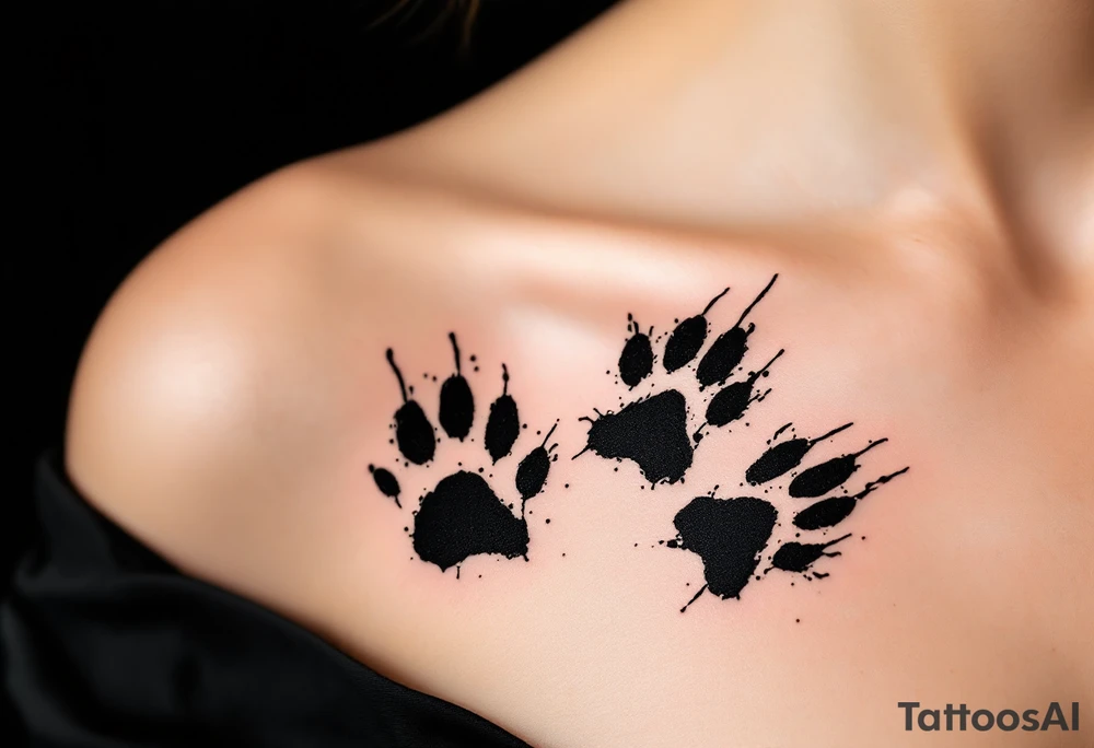 Inky Brushstroke Paw Prints – Artistic black ink splashes and rough brushstroke texture surrounding each paw, evoking movement and creative spirit. tattoo idea