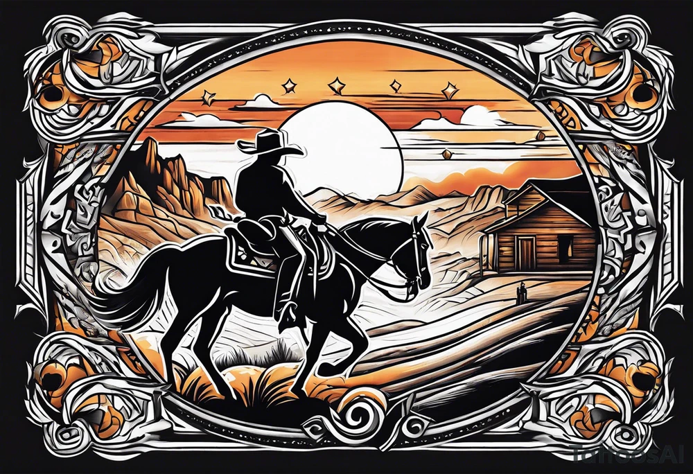 Country western cowboy saloon sunset shootout leg tattoo idea