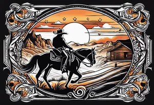 Country western cowboy saloon sunset shootout leg tattoo idea