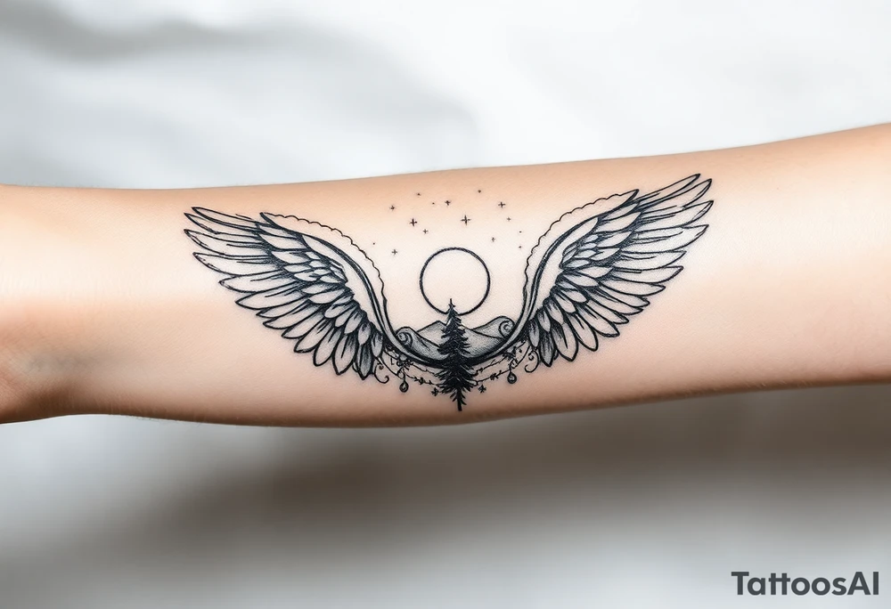 Night sky with constellation, stars & moon seen from a frame of natural landscape angel wings spiritual tattoo idea