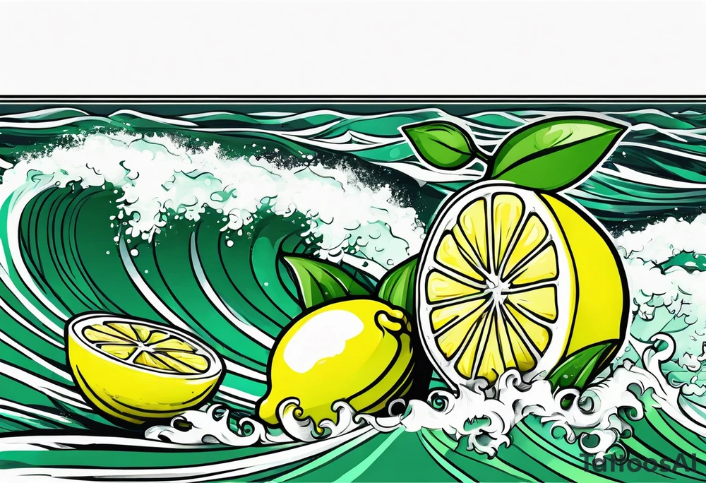 A lemon-Buoy with a green leaf-flag on waves tattoo idea