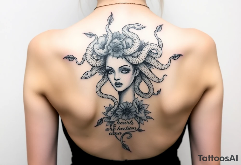 medusa  with snakes coming out of her head with flowers and a quote tattoo idea