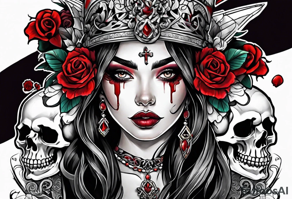 Bright bold Neo traditional tattoo woman with skulls and blood. Crosses for eyes tattoo idea