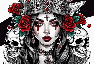 Bright bold Neo traditional tattoo woman with skulls and blood. Crosses for eyes tattoo idea