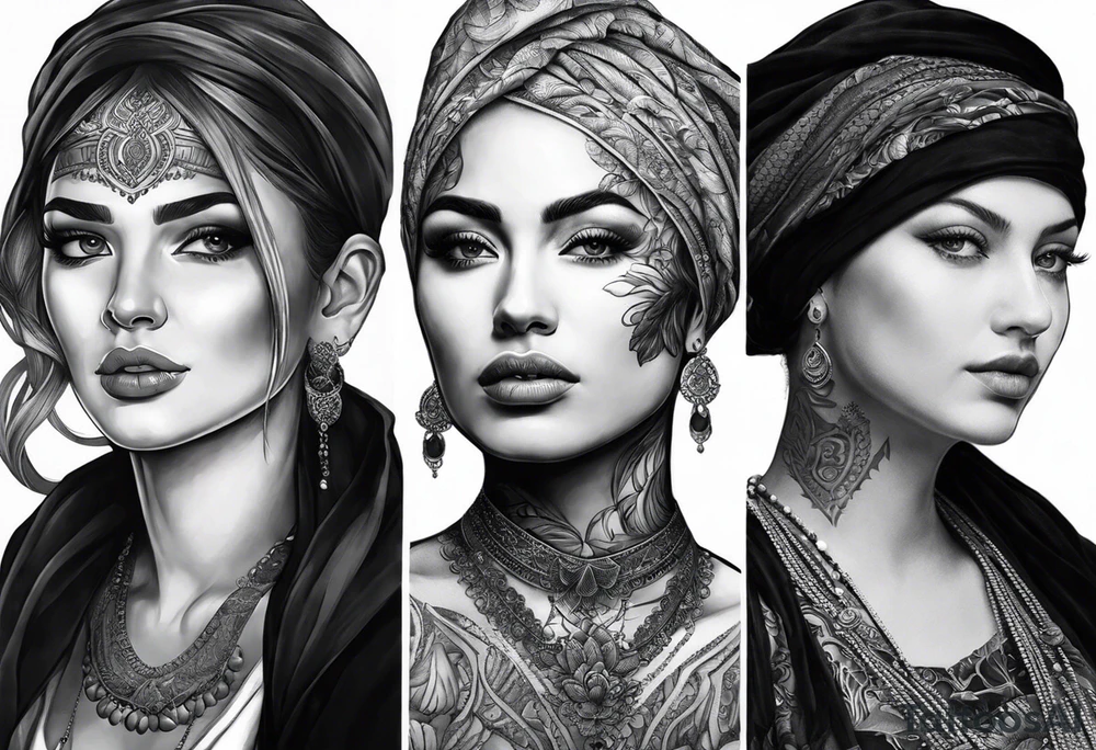 Three women's faces next to each other. The woman on the left a young woman18yo, the middle  is a mother40 yo the right is a grandmother 70yo tattoo idea