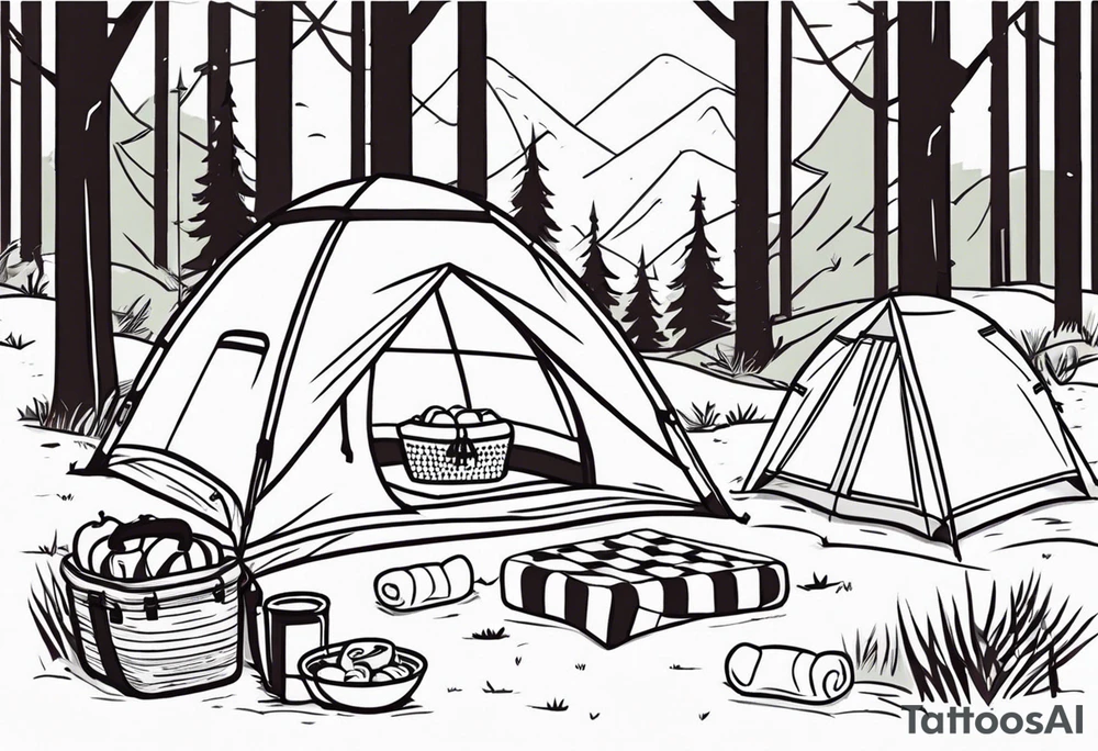 minimalstic picnic scene in a forest with a blanket on the ground with one picnic-basket, one backpack, pillows and party pennants. Thin lines. tattoo idea