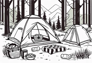 minimalstic picnic scene in a forest with a blanket on the ground with one picnic-basket, one backpack, pillows and party pennants. Thin lines. tattoo idea