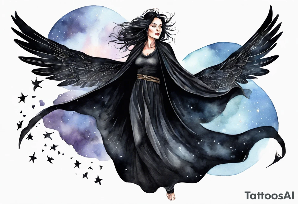 a beautiful 45 year old woman flying in the night sky with black wings, wearing a black cloak and black gloves, bare feet tattoo idea