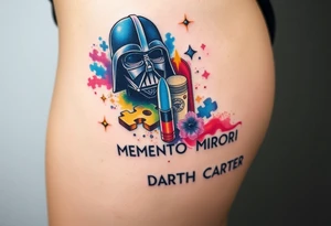 colorful futuristic memory tattoo for passed boyfriend;, star wars, Harley Davidson, skateboarding, puzzle pieces, video games, heaven, god, outdoors, 9mm bullet, words MEMENTO MORI & DARTH CARTER tattoo idea