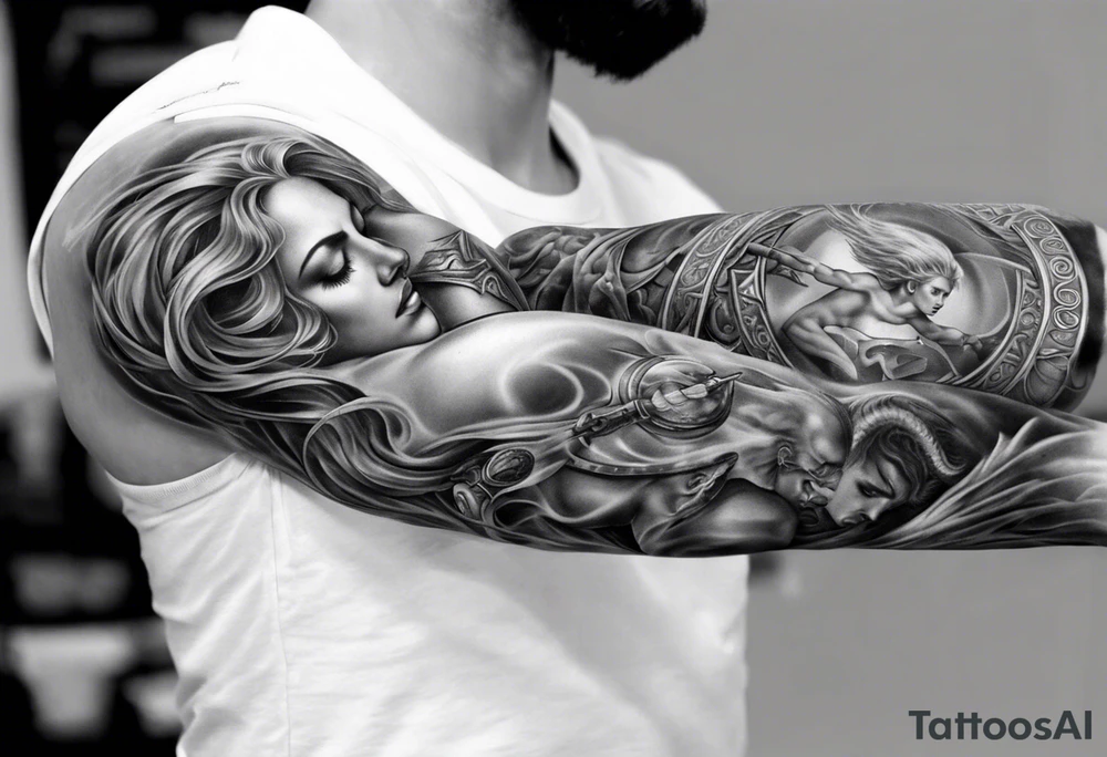 greek mythology
full arm sleeve
realistic pictures tattoo idea