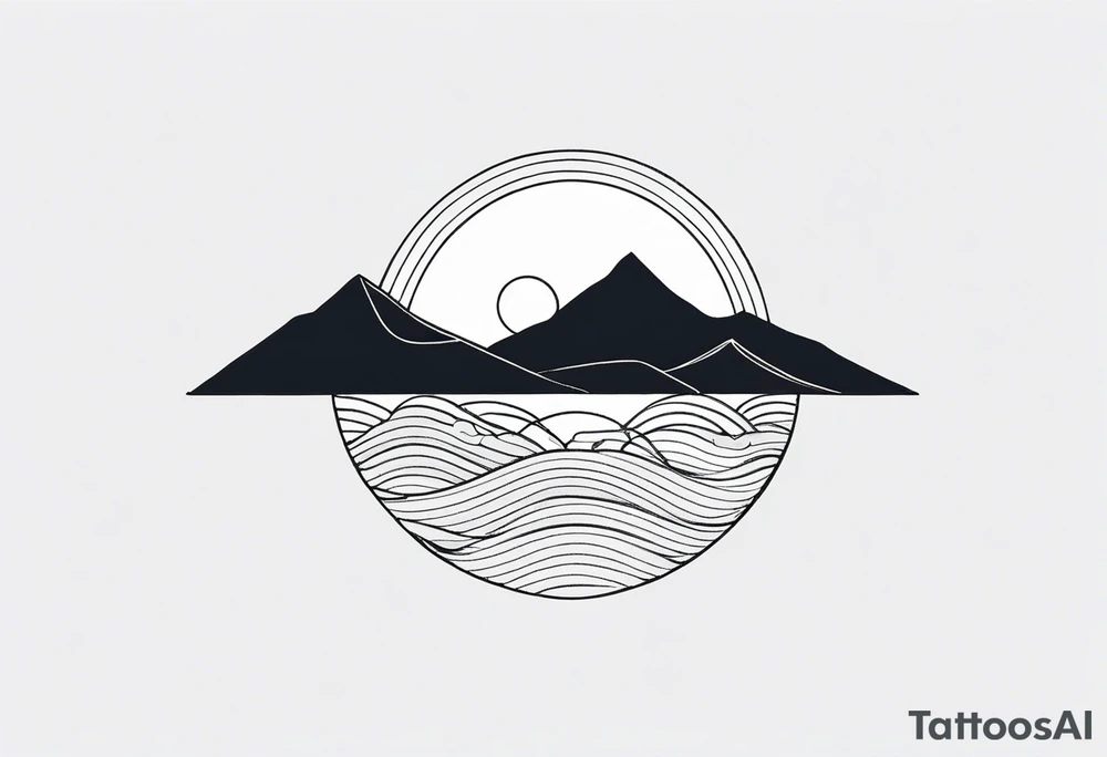 Line art minimalist sun mountain ocean simple one line tattoo idea