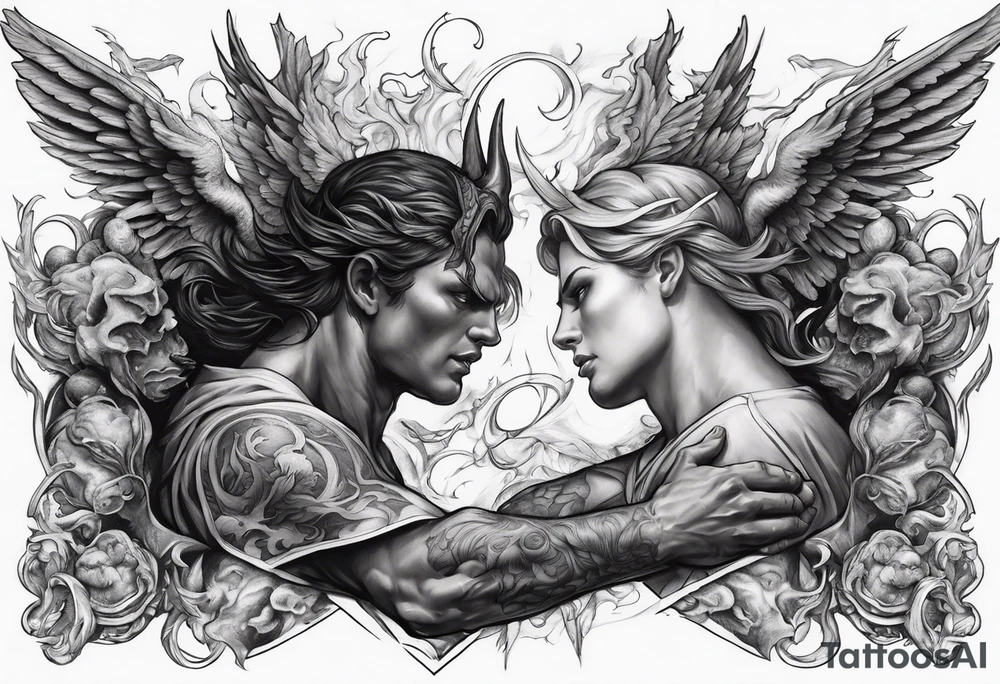 Angel vs demon battle scene half sleeve tattoo idea