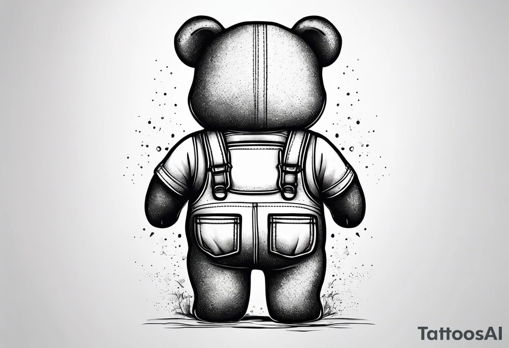the back of a standing teddy bear in overalls tattoo idea