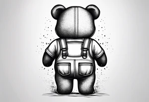 the back of a standing teddy bear in overalls tattoo idea