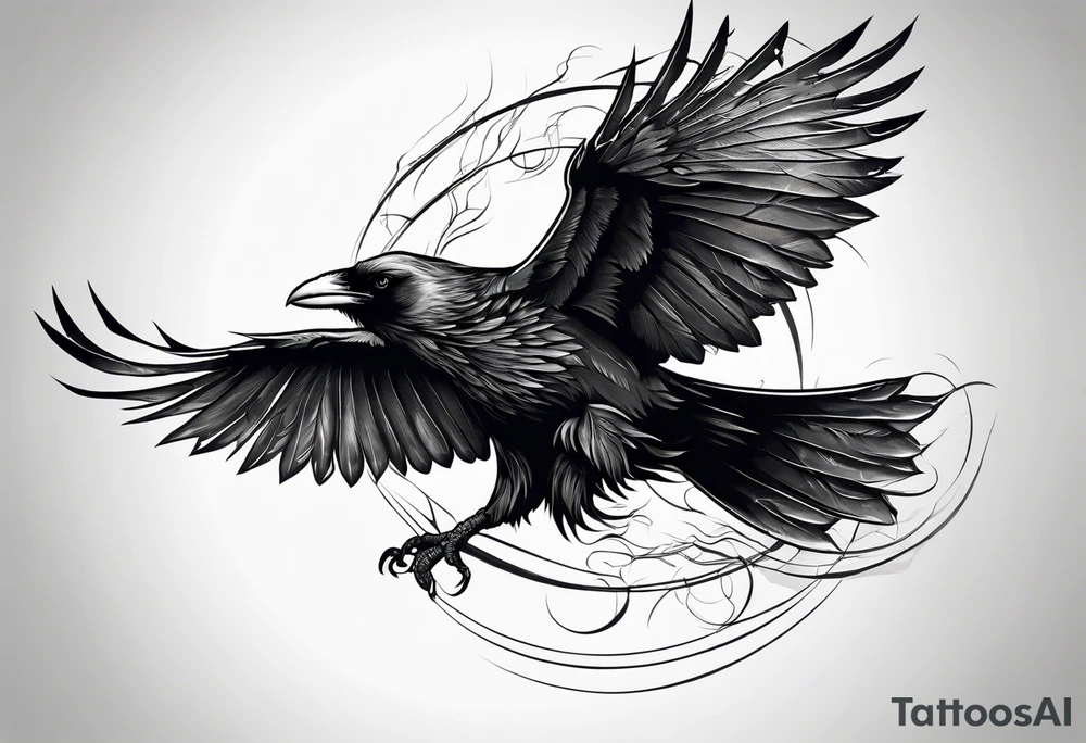 outline drawing of a flying raven with wings on fire tattoo idea