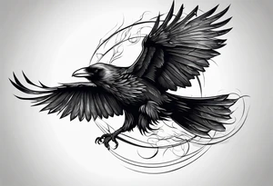 outline drawing of a flying raven with wings on fire tattoo idea