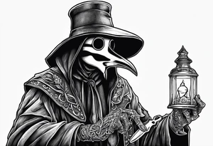 plague doctor with a skeleton hand holding medicine tattoo idea