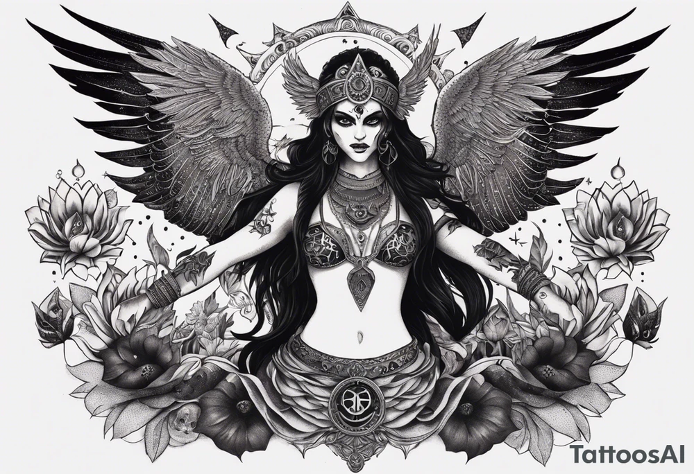 black kali, goddess pirate, alien, angel, pachamama, valkrye, warrior, flying, skull, lotus azul, wing, eagle, zenza resonance, stars, 5D, anahata chakra, death, durga, riding on a tiger, flying lady, kundalini, chest tatoo, rebel tattoo idea