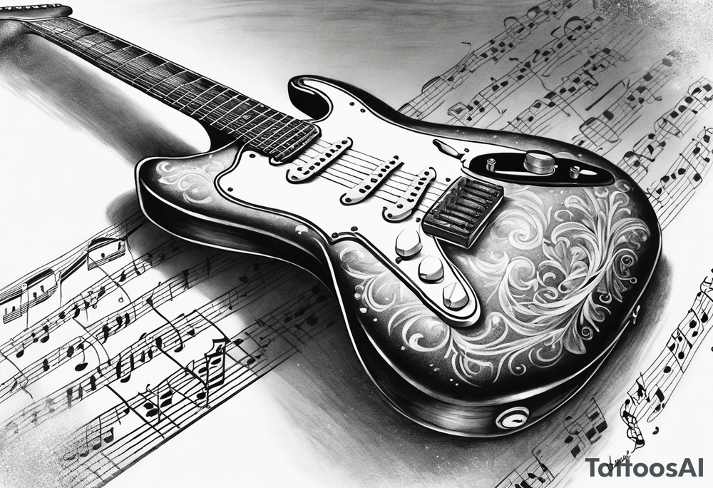 Electric guitar fading into sheet music tattoo idea