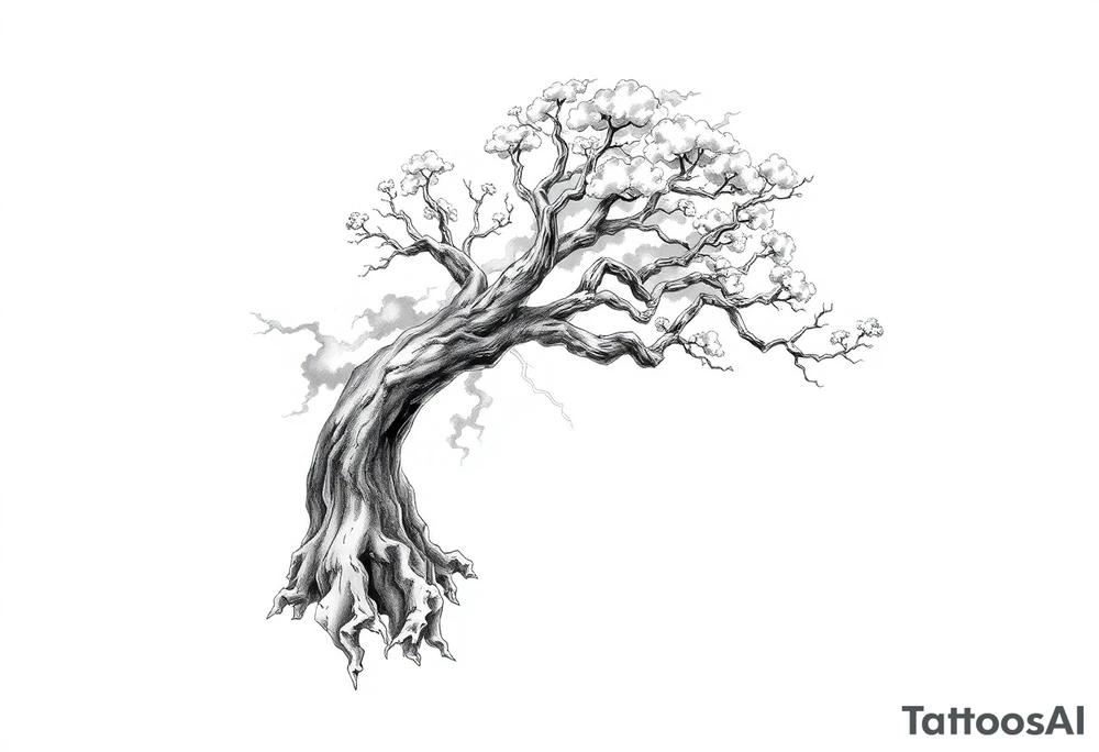 right arm sleeve, giant tree branch made of stone, clouds and lightning mixed throughout, tattoo idea