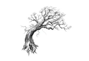 right arm sleeve, giant tree branch made of stone, clouds and lightning mixed throughout, tattoo idea