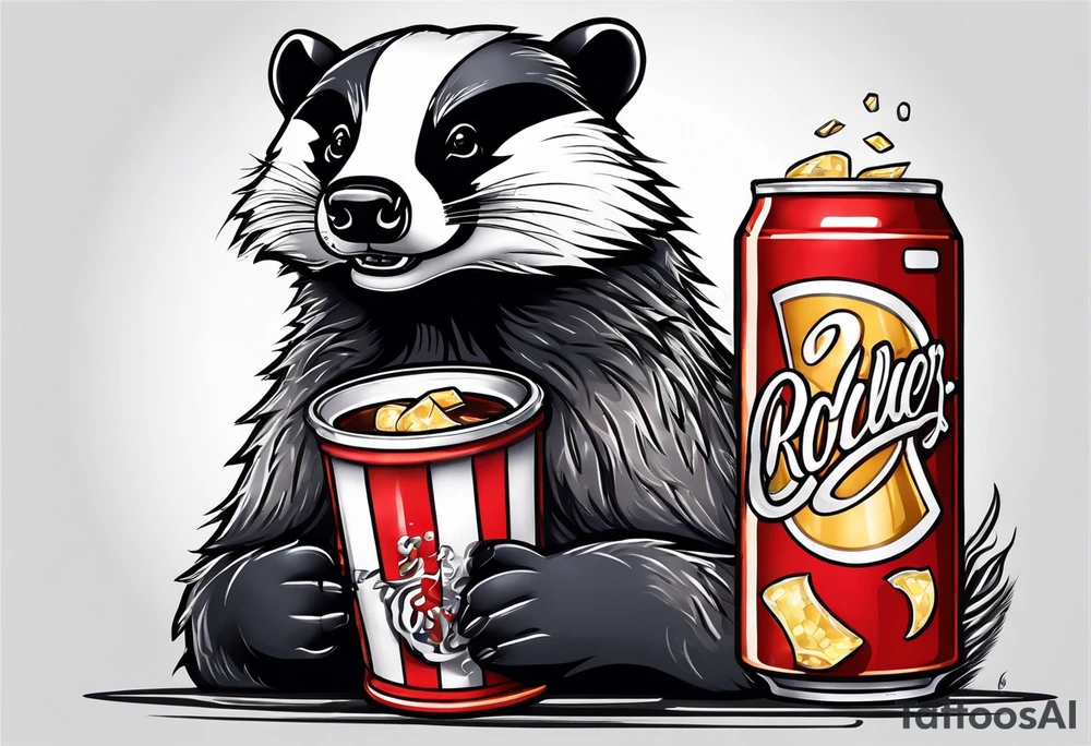 badger with mouth open with soda can and chips tattoo idea