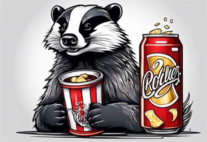 badger with mouth open with soda can and chips tattoo idea