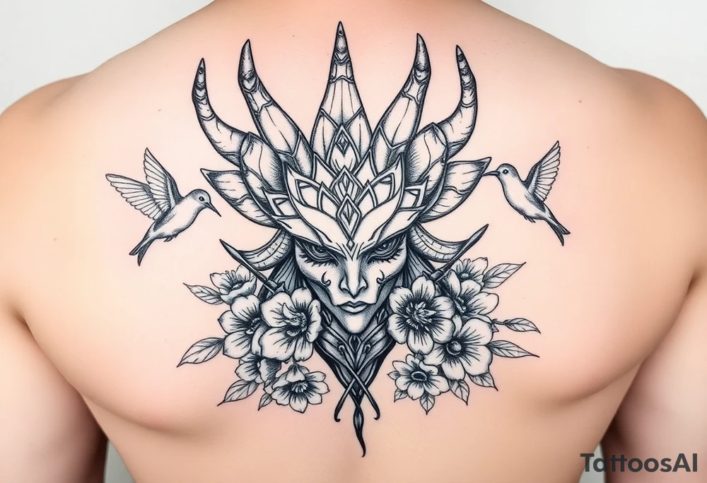medusa head surrounded by hummingbirds and flowers tattoo idea