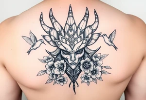 medusa head surrounded by hummingbirds and flowers tattoo idea
