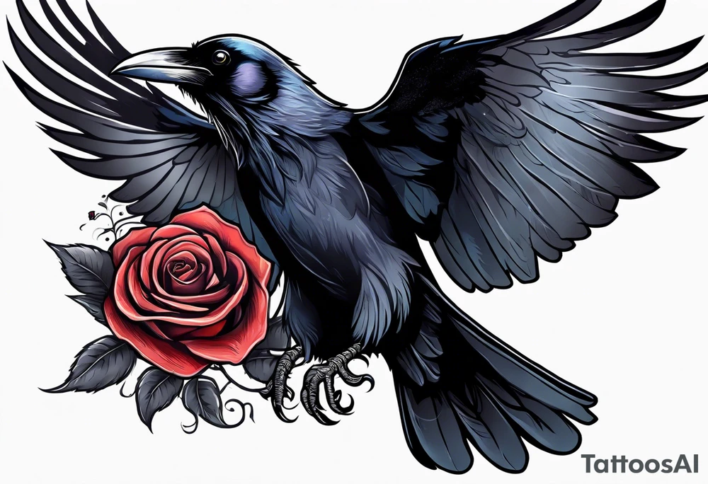 a beautiful raven flying in the night sky with a rose in its claws tattoo idea