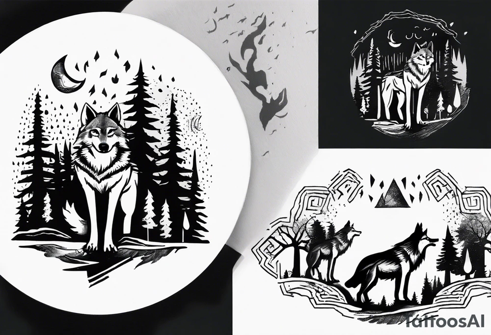thunderstorm over a forest with a wolf howling on drums tattoo idea thunderstorm over a forest with a wolf howling on drums tattoo idea