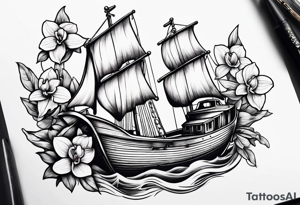 A boat anchor and orchids tattoo idea