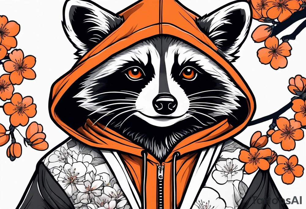 Raccoon wearing a white Superman logo on a black hoodie and orange Japanese cherry blossoms beside tattoo idea