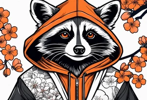 Raccoon wearing a white Superman logo on a black hoodie and orange Japanese cherry blossoms beside tattoo idea