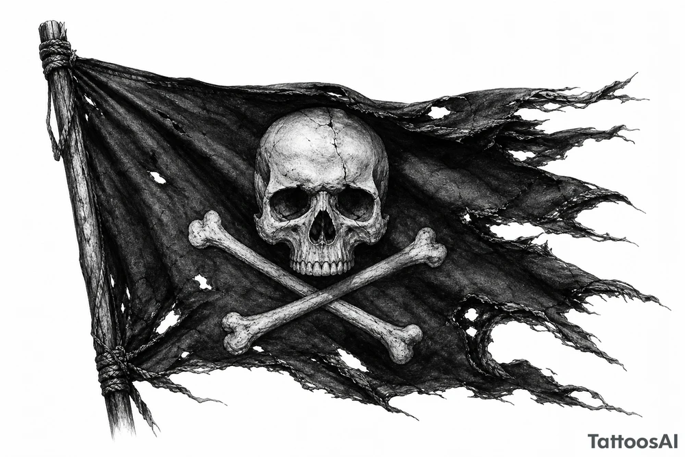 Tattered Jolly Roger flag, frayed edges, torn canvas texture, close-up. tattoo idea