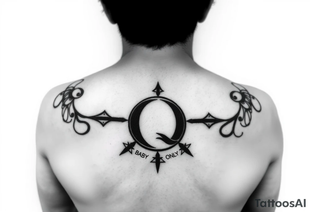 A womb tattoo with a Q in the center, with three points around the outside. The first reading, "BLACK". The second reading, "BABY". The third reading, "ONLY". tattoo idea